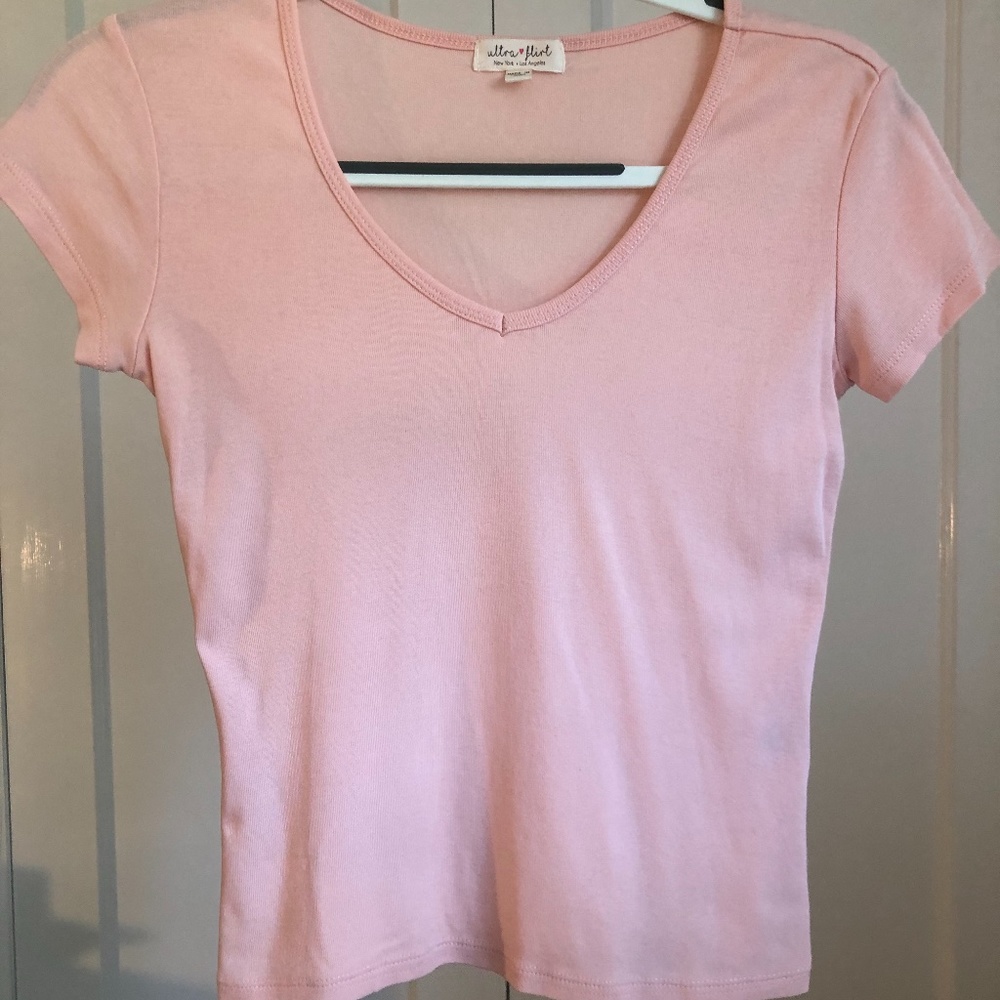 Ultra Flirt Baby Pink V-neck Fitted Tee Top